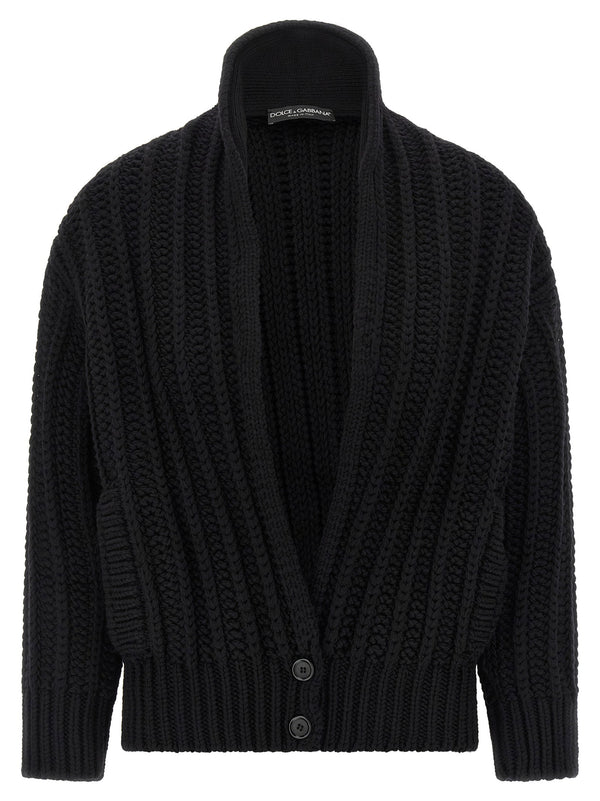 Dolce and Gabbana Luxurious Coarse Wool Cardigan for Women with Shawl Collar and Reverse Rib Knit