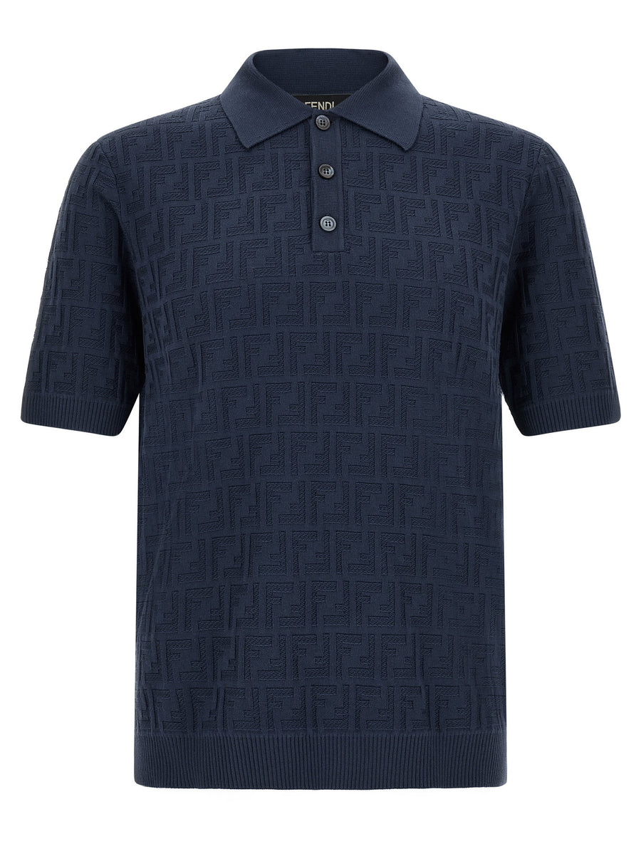 Fendi FF Jacquard Cotton Polo Shirt For Men Navy Blue