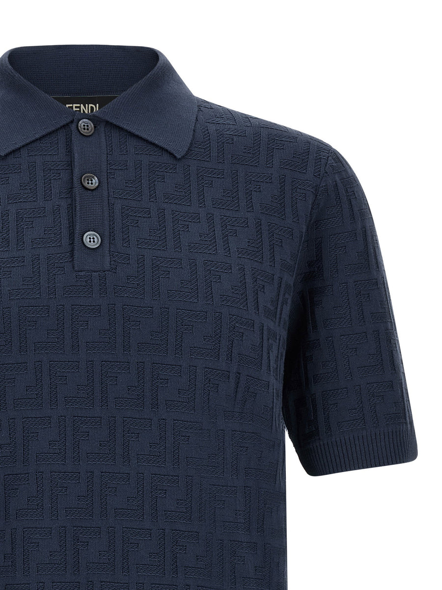 Fendi FF Jacquard Cotton Polo Shirt For Men Navy Blue