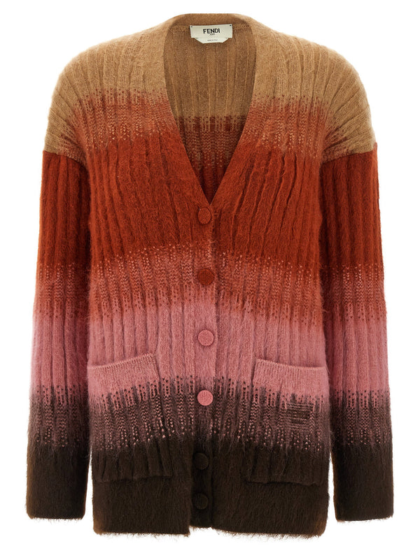 Fendi Vanisé Knit Cardigan For Women With Multicolor Mohair Blend Ribbed Knit Front Button V Neck