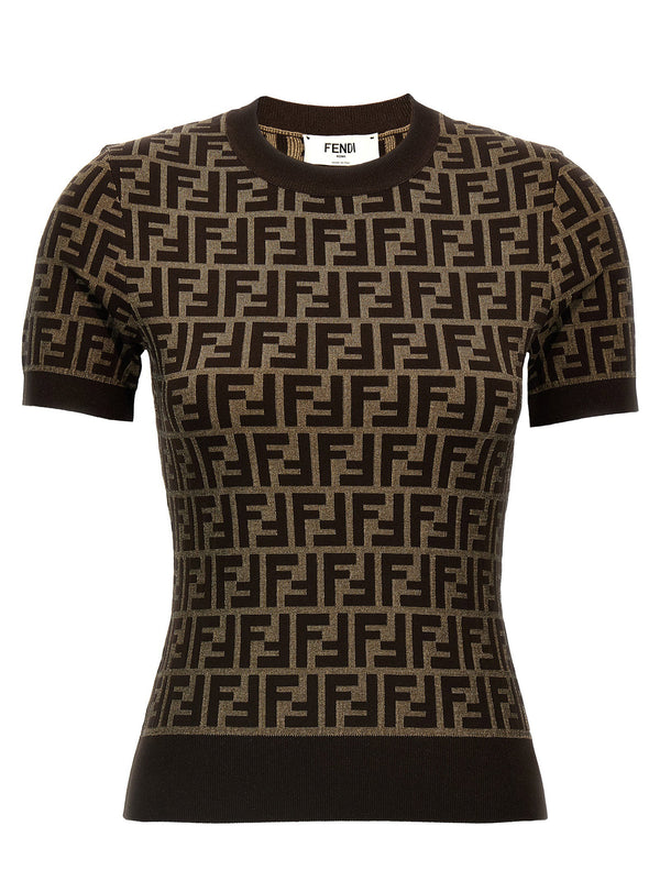 Fendi FF Jacquard Cotton Sweater For Women Brown Short Sleeve Crew Neck Top