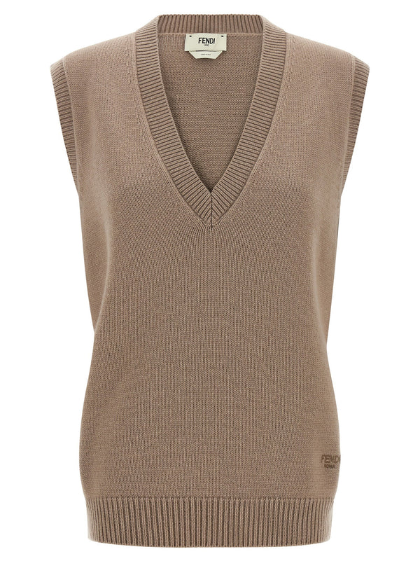 Fendi Cashmere Vest For Women 100 Percent Cashmere Silk Soft Knit With Roma Logo Embroidery Waist Shaping Luxury Beige