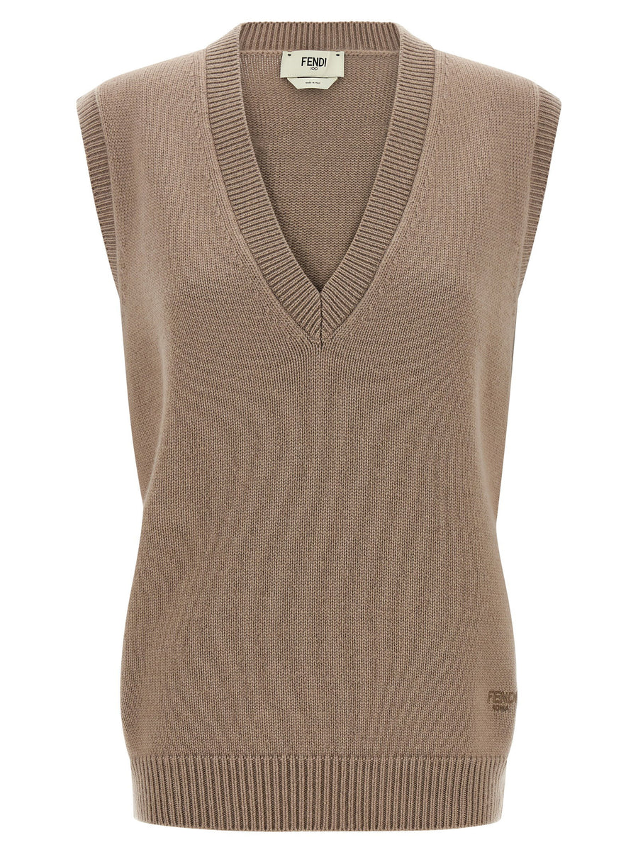 Fendi Cashmere Vest For Women 100 Percent Cashmere Silk Soft Knit With Roma Logo Embroidery Waist Shaping Luxury Beige