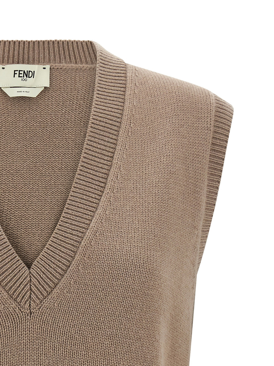 Fendi Cashmere Vest For Women 100 Percent Cashmere Silk Soft Knit With Roma Logo Embroidery Waist Shaping Luxury Beige