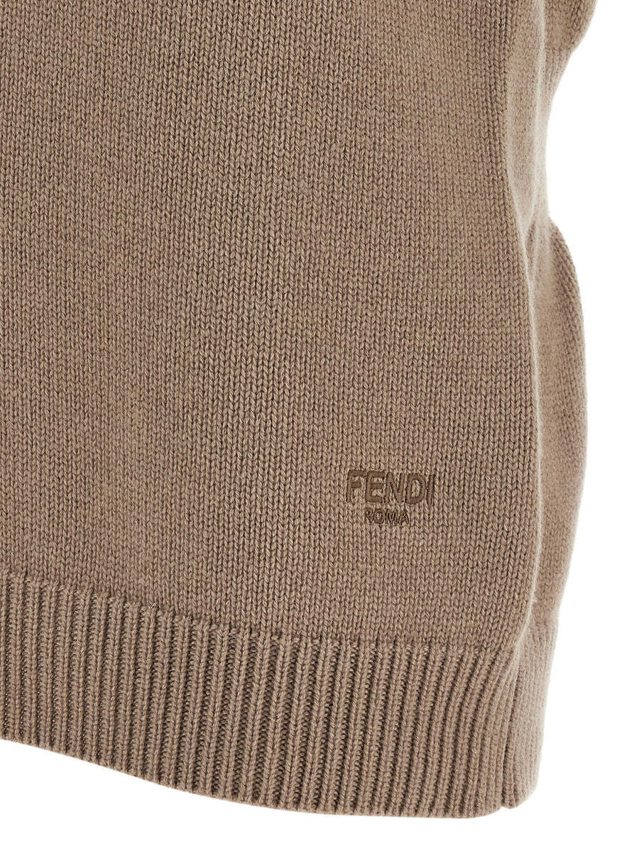 Fendi Cashmere Vest For Women 100 Percent Cashmere Silk Soft Knit With Roma Logo Embroidery Waist Shaping Luxury Beige
