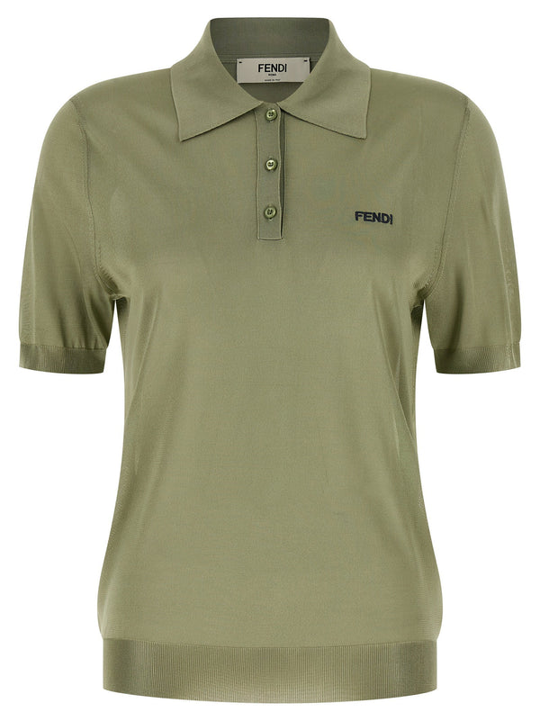 Fendi Shiny Viscose Polo Shirt For Women Green Embroidered Logo Mother Of Pearl Collar And Buttons