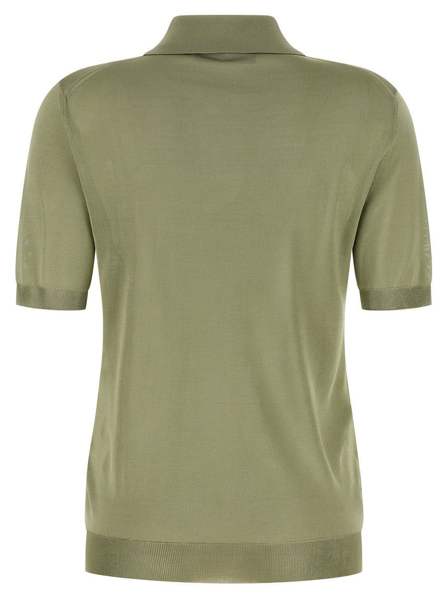 Fendi Shiny Viscose Polo Shirt For Women Green Embroidered Logo Mother Of Pearl Collar And Buttons