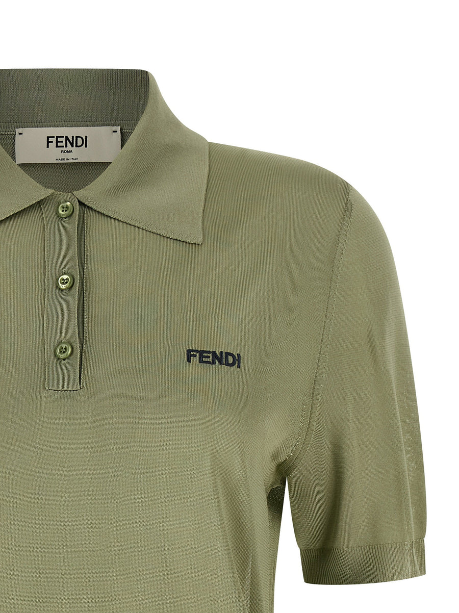 Fendi Shiny Viscose Polo Shirt For Women Green Embroidered Logo Mother Of Pearl Collar And Buttons