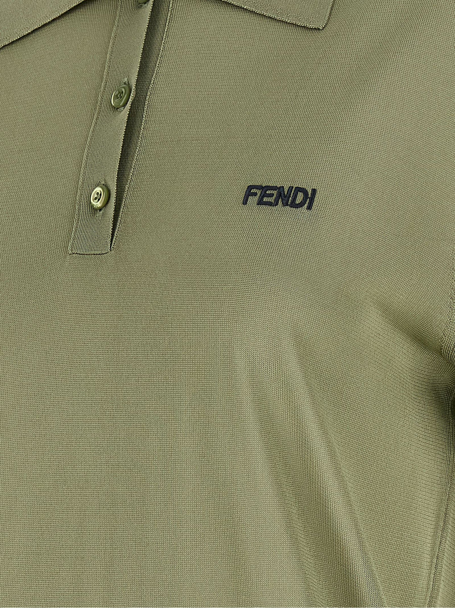 Fendi Shiny Viscose Polo Shirt For Women Green Embroidered Logo Mother Of Pearl Collar And Buttons