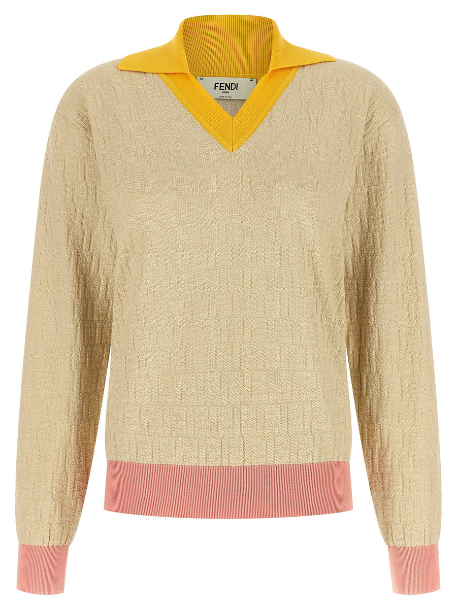 Fendi FF Jacquard Sweater for Women 100 Percent Cotton Beige Signature Motif with Contrast Trim