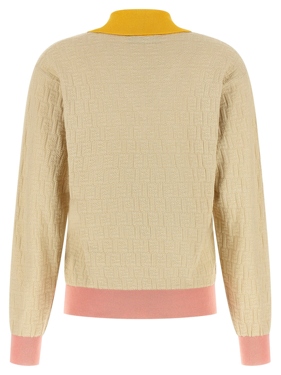 Fendi FF Jacquard Sweater for Women 100 Percent Cotton Beige Signature Motif with Contrast Trim