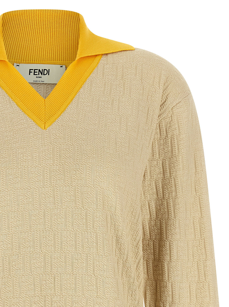 Fendi FF Jacquard Sweater for Women 100 Percent Cotton Beige Signature Motif with Contrast Trim