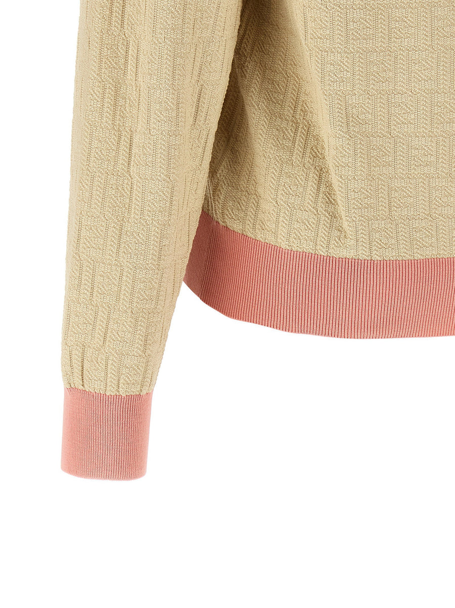 Fendi FF Jacquard Sweater for Women 100 Percent Cotton Beige Signature Motif with Contrast Trim