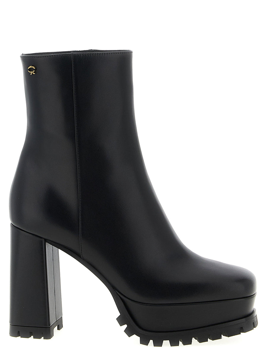 Gianvito Rossi Harlem Ankle Boots For Women With Square Toe And Metal Ribbon Detail Side Zip Platform Heel