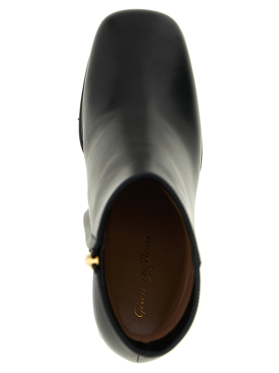 Gianvito Rossi Harlem Ankle Boots For Women With Square Toe And Metal Ribbon Detail Side Zip Platform Heel