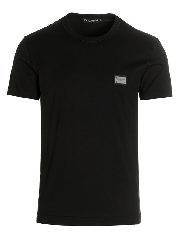 Dolce And Gabbana DG Essential Black Cotton Crewneck T Shirt For Men With Front Logo Plaque