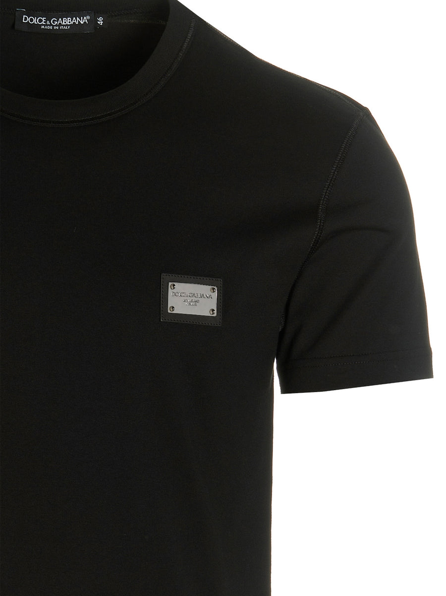 Dolce And Gabbana DG Essential Black Cotton Crewneck T Shirt For Men With Front Logo Plaque