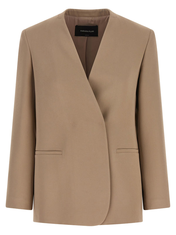Fabiana Filippi Beige Viscose Acetate Twill Blazer Oversized Fit For Women Luxurious Silky Hand