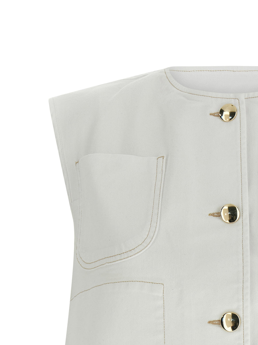Fabiana Filippi Denim And Knit Vest For Women White Cotton Denim With Knit Back Panel Versatile Luxury Layer