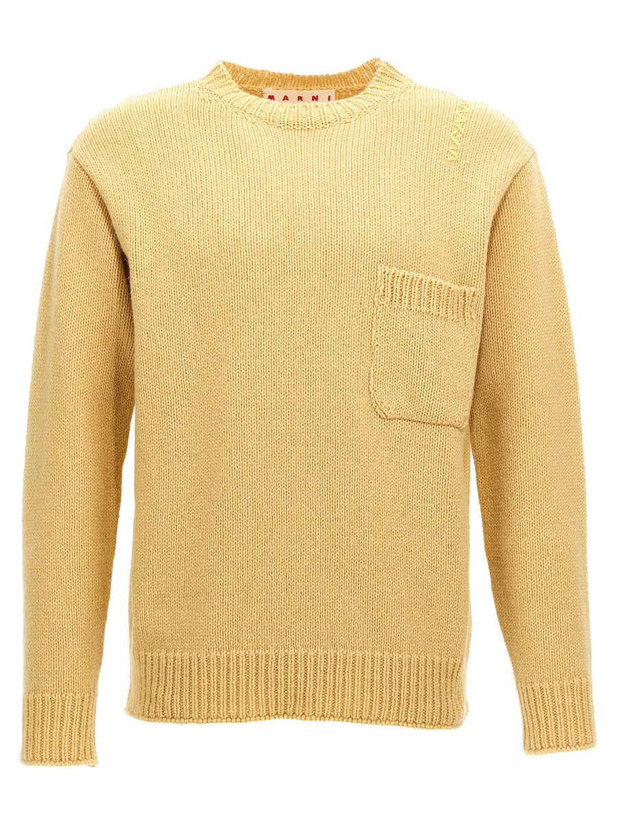 Marni Wool Sweater For Women Yellow 100 Percent Wool With Front Pocket And Shoulder Embroidery Luxury