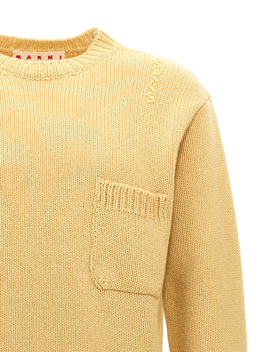 Marni Wool Sweater For Women Yellow 100 Percent Wool With Front Pocket And Shoulder Embroidery Luxury