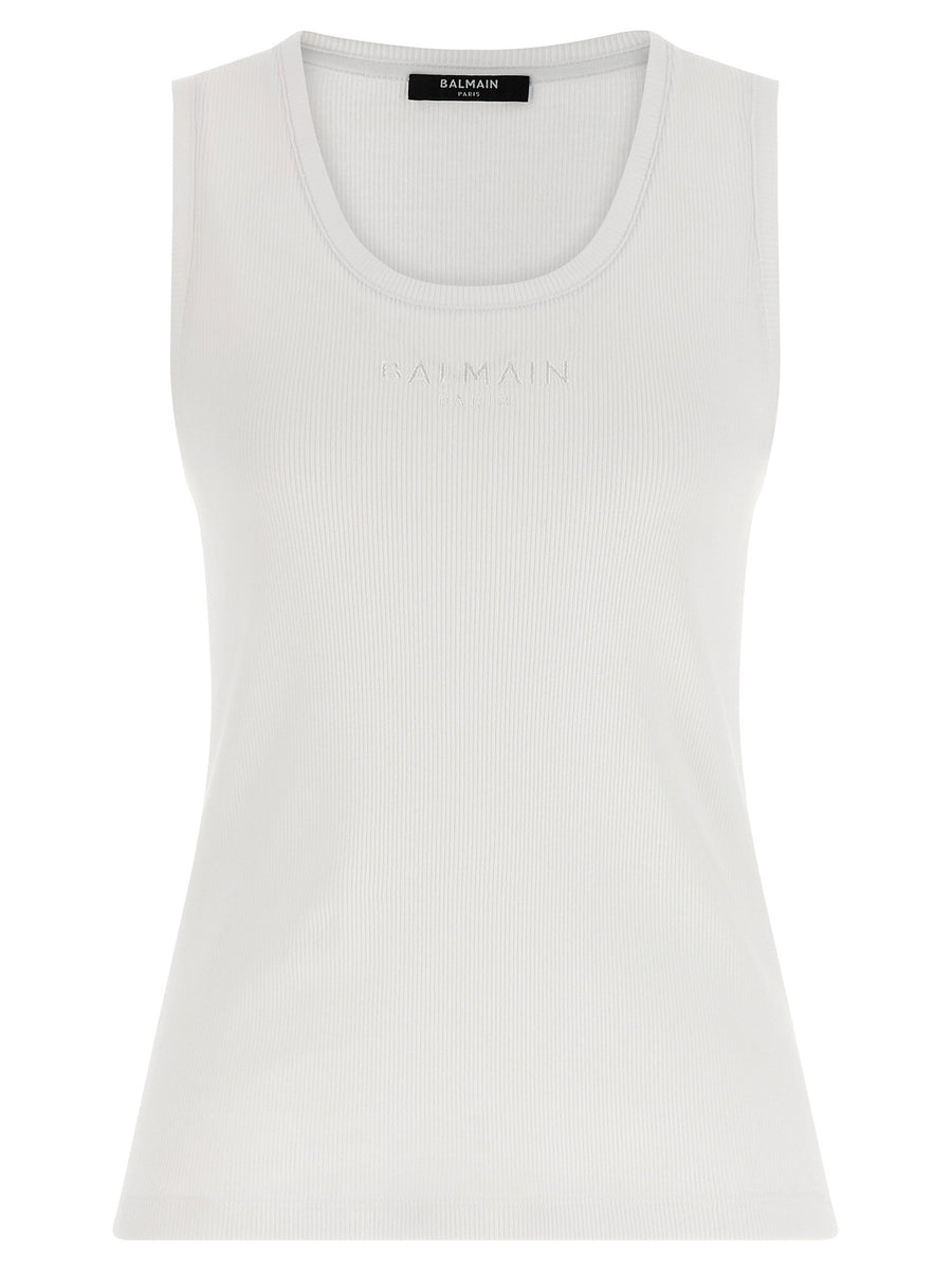 Balmain White One Hundred Percent Cotton Logo Embroidery Tank Top for Women
