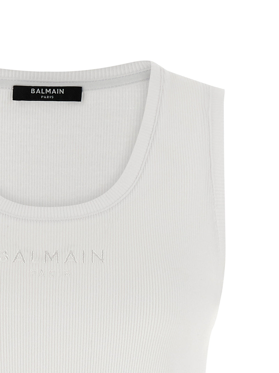 Balmain White One Hundred Percent Cotton Logo Embroidery Tank Top for Women