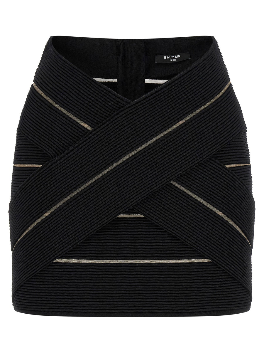 Balmain Black V Shaped Waist Stretch Viscose Mini Skirt With Mesh Inserts