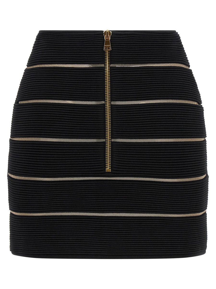 Balmain Black V Shaped Waist Stretch Viscose Mini Skirt With Mesh Inserts