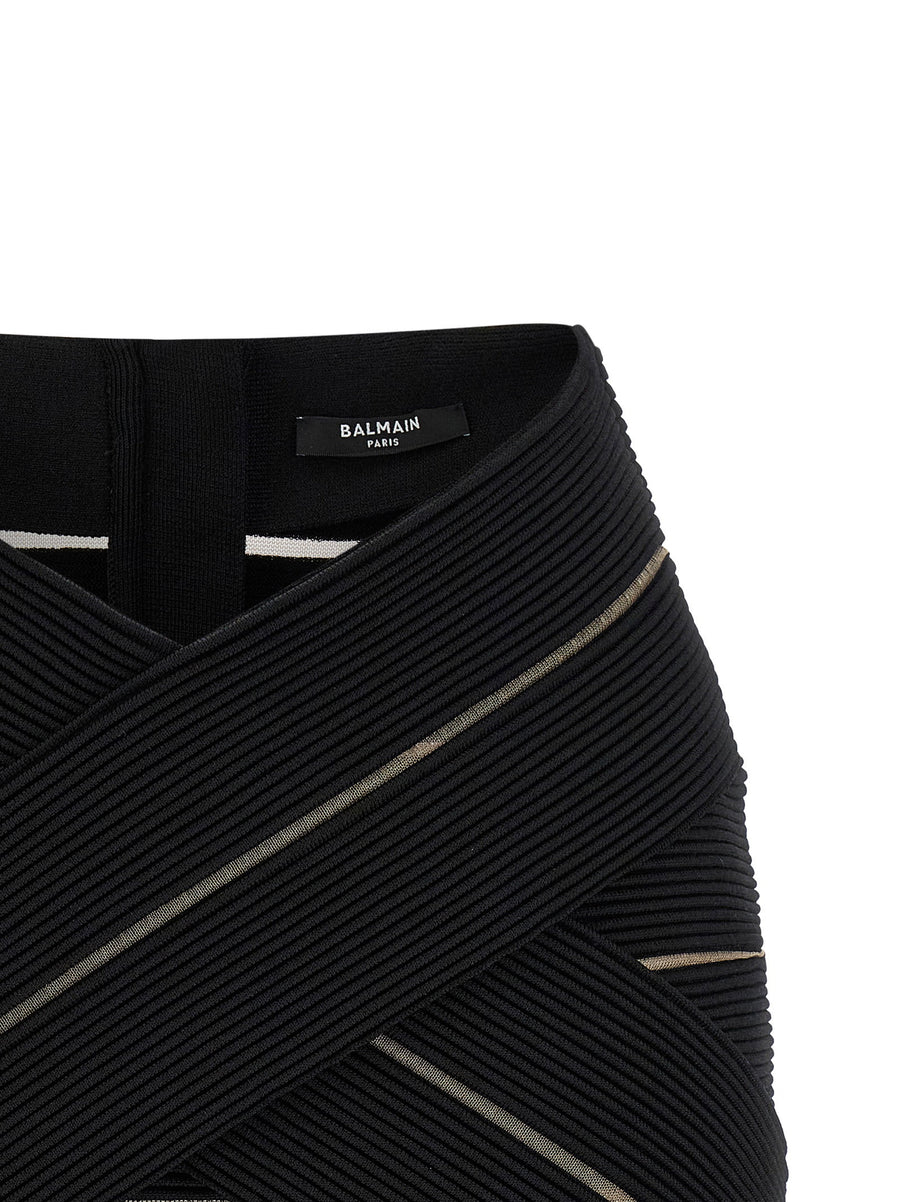 Balmain Black V Shaped Waist Stretch Viscose Mini Skirt With Mesh Inserts