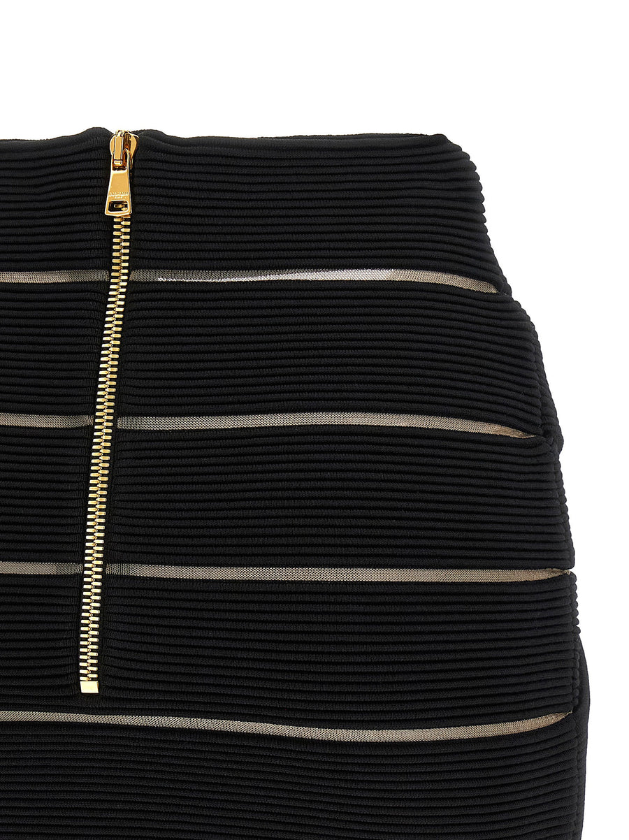 Balmain Black V Shaped Waist Stretch Viscose Mini Skirt With Mesh Inserts