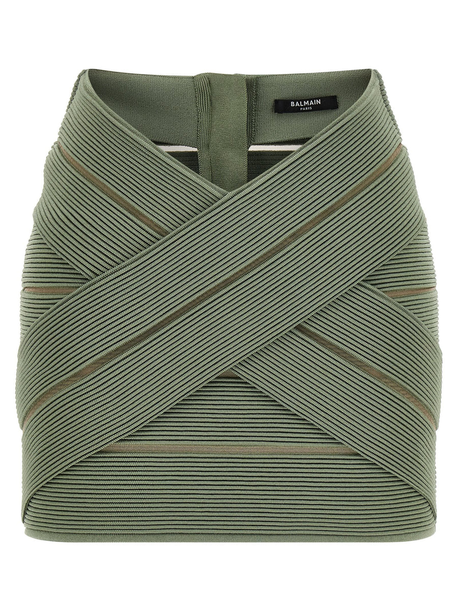 Balmain V-Shaped Waist Mini Skirt For Modern Women With Sculpted Mesh Inserts Green Luxury