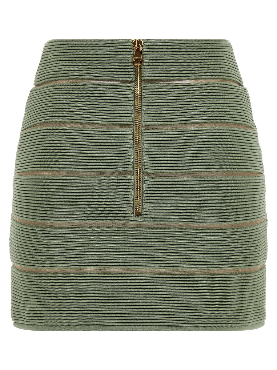 Balmain V-Shaped Waist Mini Skirt For Modern Women With Sculpted Mesh Inserts Green Luxury
