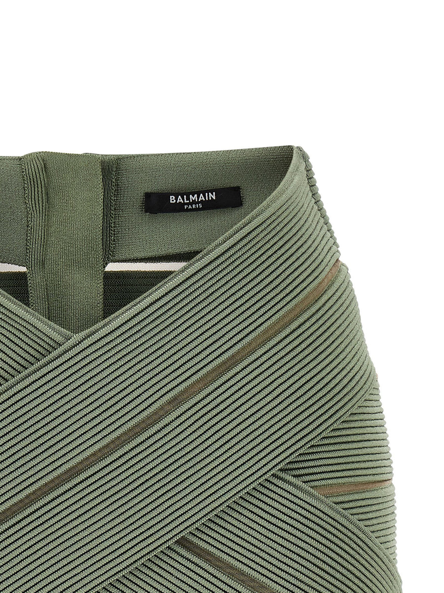 Balmain V-Shaped Waist Mini Skirt For Modern Women With Sculpted Mesh Inserts Green Luxury