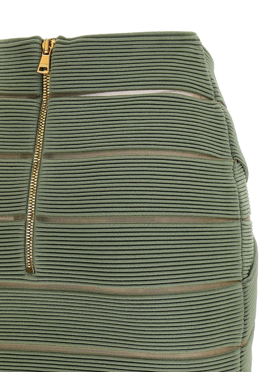 Balmain V-Shaped Waist Mini Skirt For Modern Women With Sculpted Mesh Inserts Green Luxury