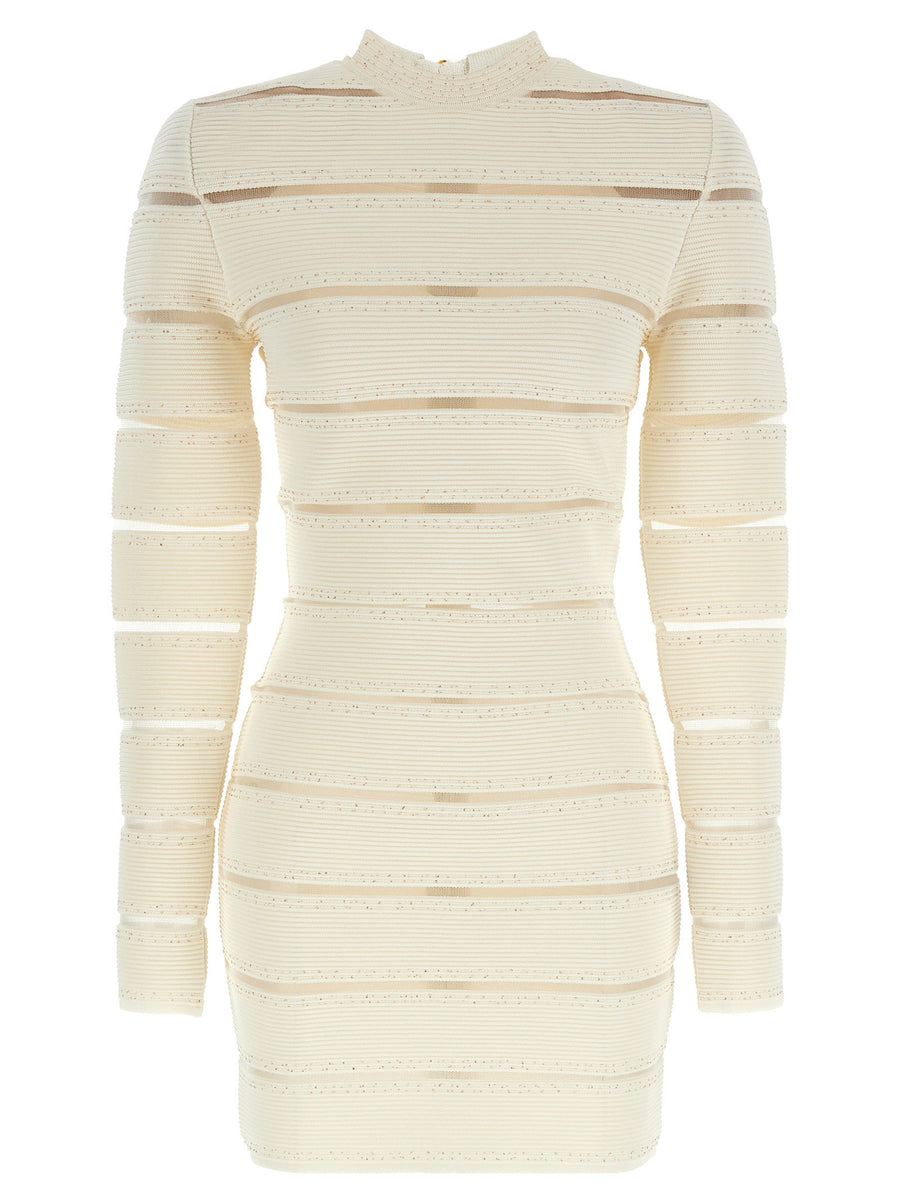 Balmain Bodycon Dress Luxurious White With Mesh Insets And Sequin Applique Zip Back For Women