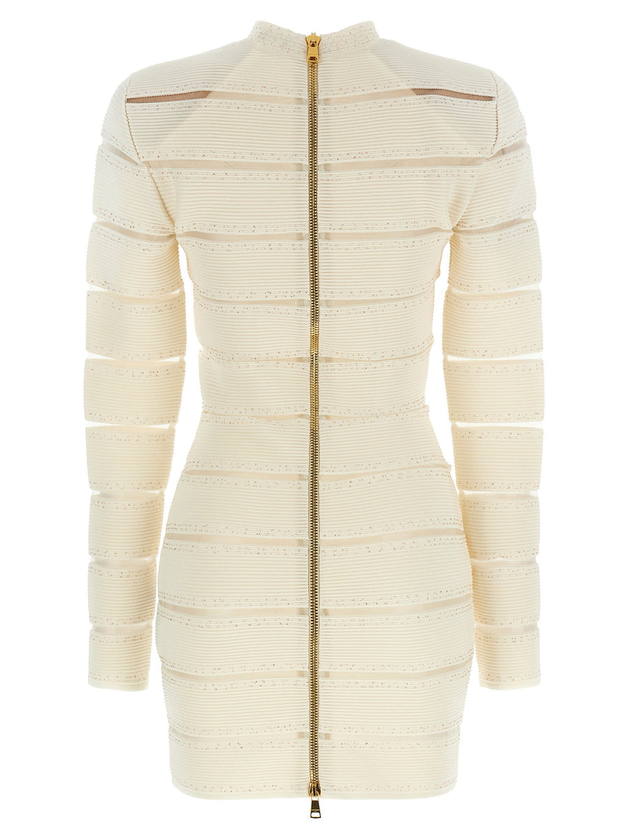 Balmain Bodycon Dress Luxurious White With Mesh Insets And Sequin Applique Zip Back For Women