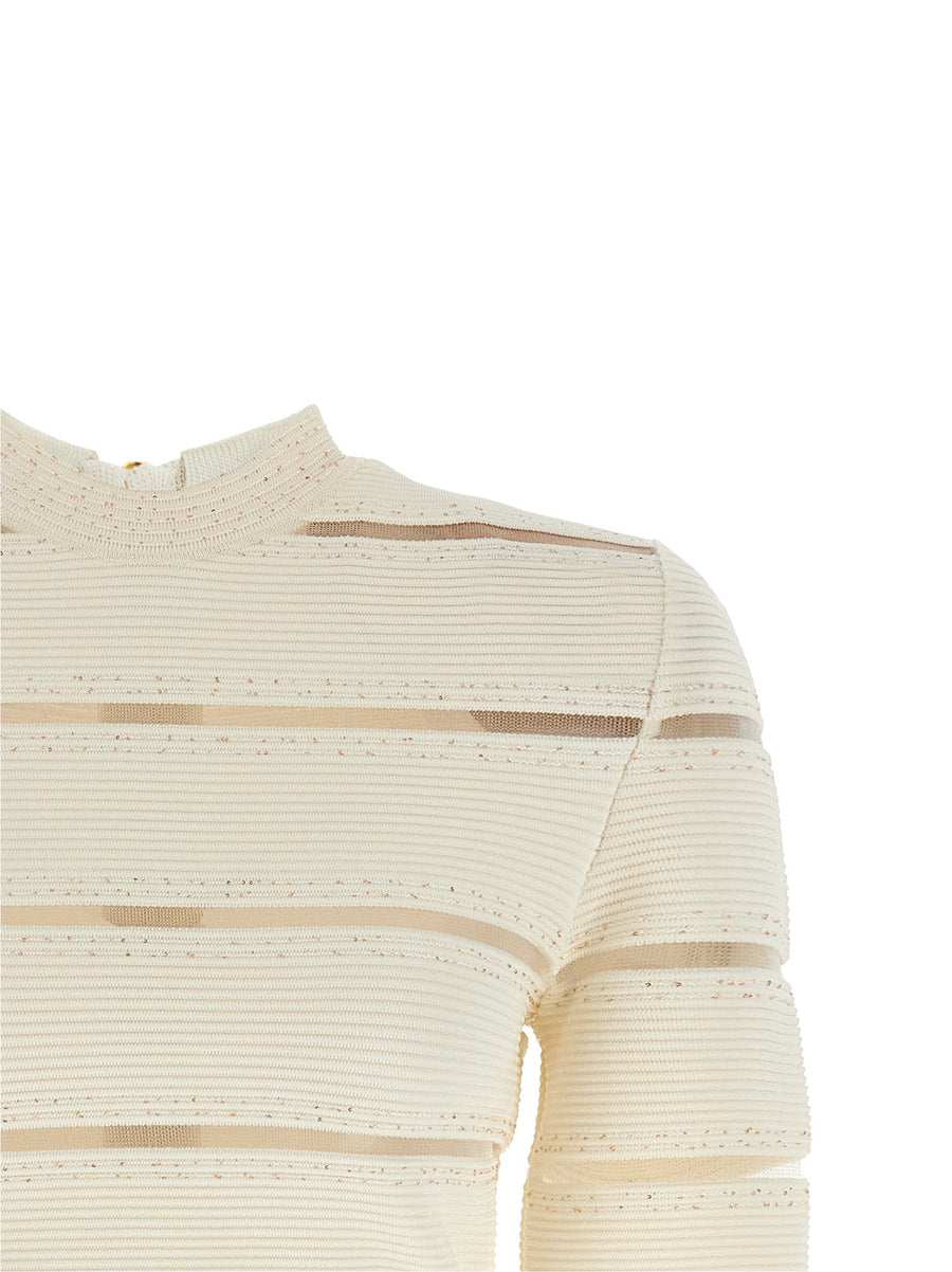 Balmain Bodycon Dress Luxurious White With Mesh Insets And Sequin Applique Zip Back For Women