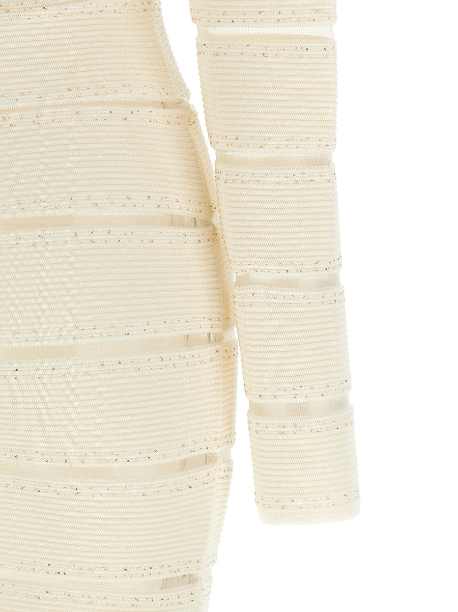 Balmain Bodycon Dress Luxurious White With Mesh Insets And Sequin Applique Zip Back For Women