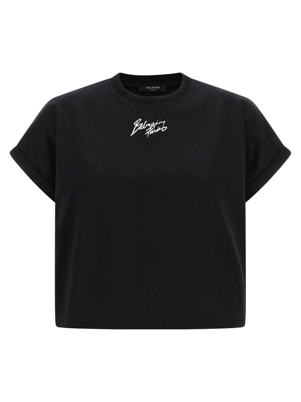 Balmain Cropped T Shirt Black 100 Percent Cotton Crewneck Front Logo Luxury Top For Women