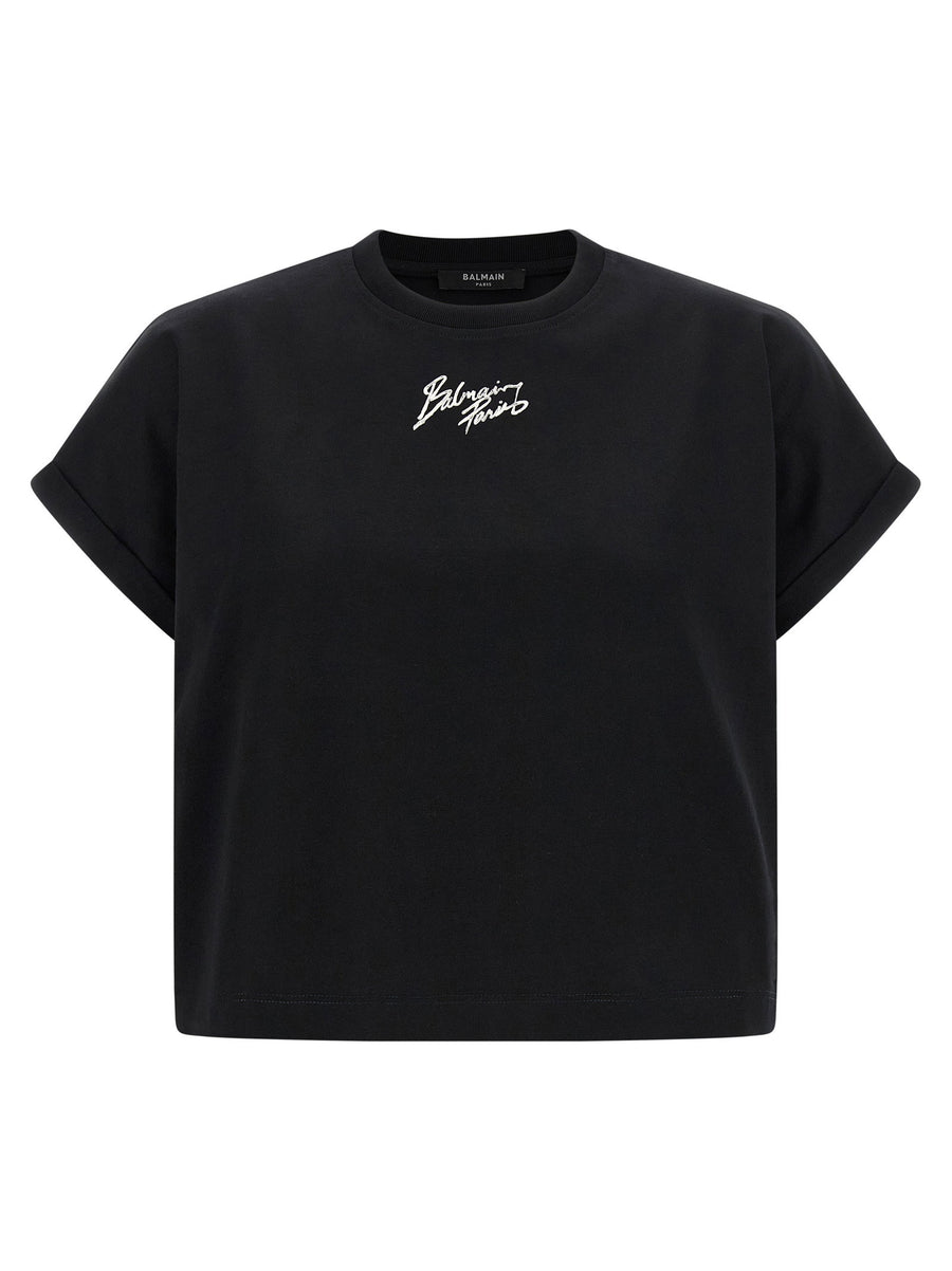 Balmain Cropped T Shirt Black 100 Percent Cotton Crewneck Front Logo Luxury Top For Women