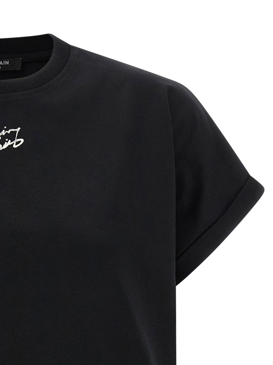 Balmain Cropped T Shirt Black 100 Percent Cotton Crewneck Front Logo Luxury Top For Women