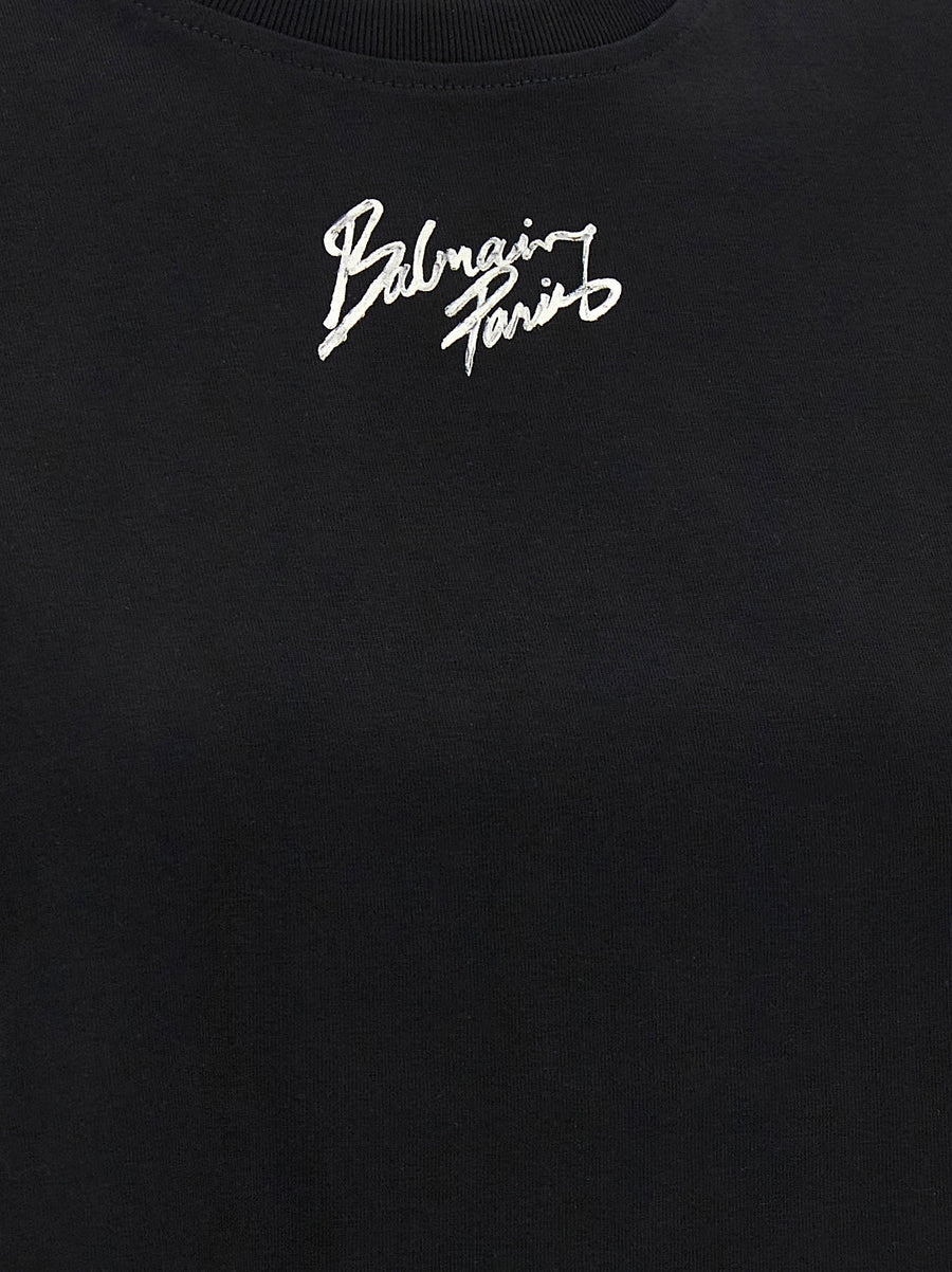 Balmain Cropped T Shirt Black 100 Percent Cotton Crewneck Front Logo Luxury Top For Women