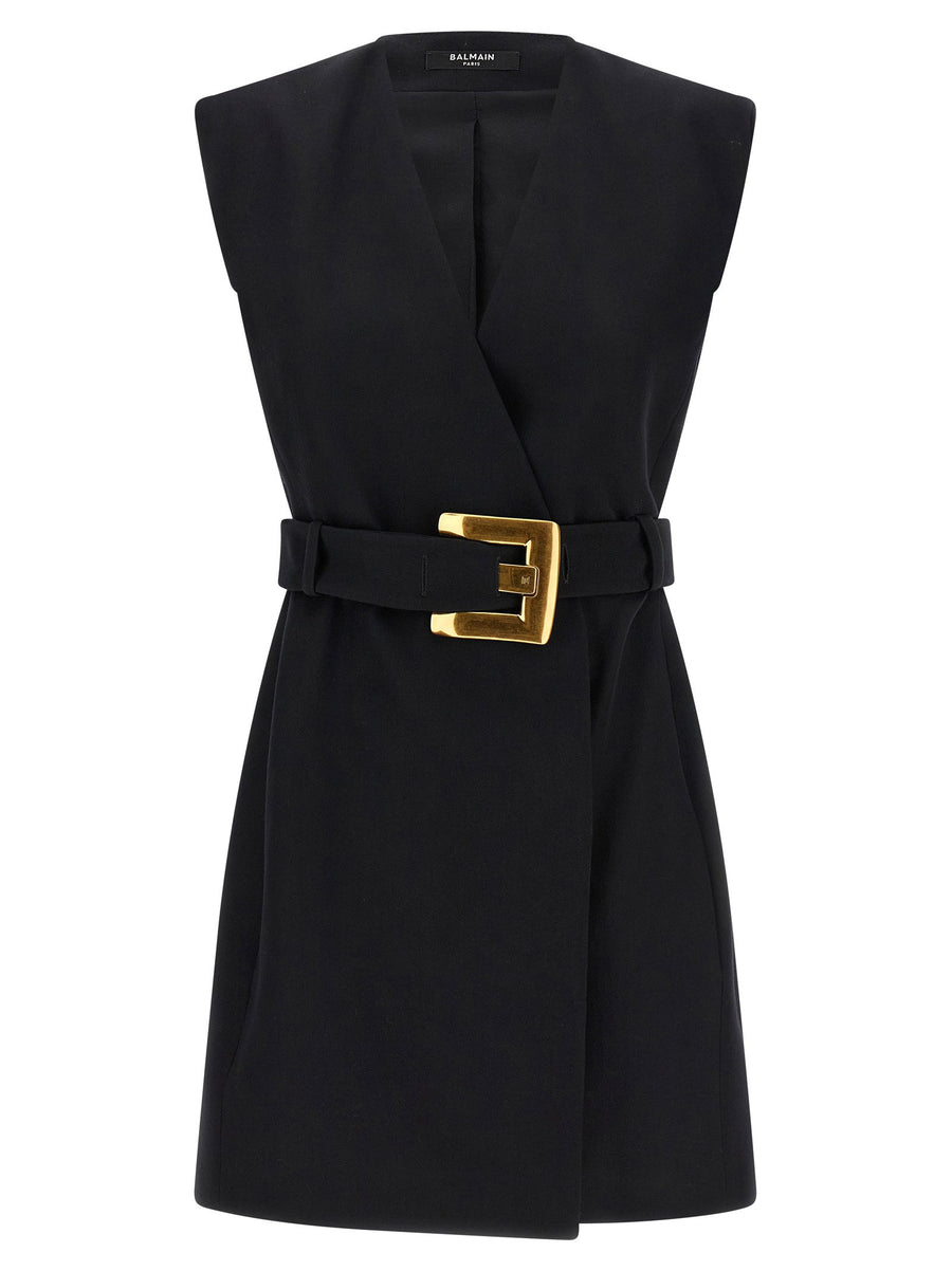 Balmain Wrap Dress For Women Luxe 100 Percent Virgin Wool With V Neck And Removable Anthem Buckle Belt
