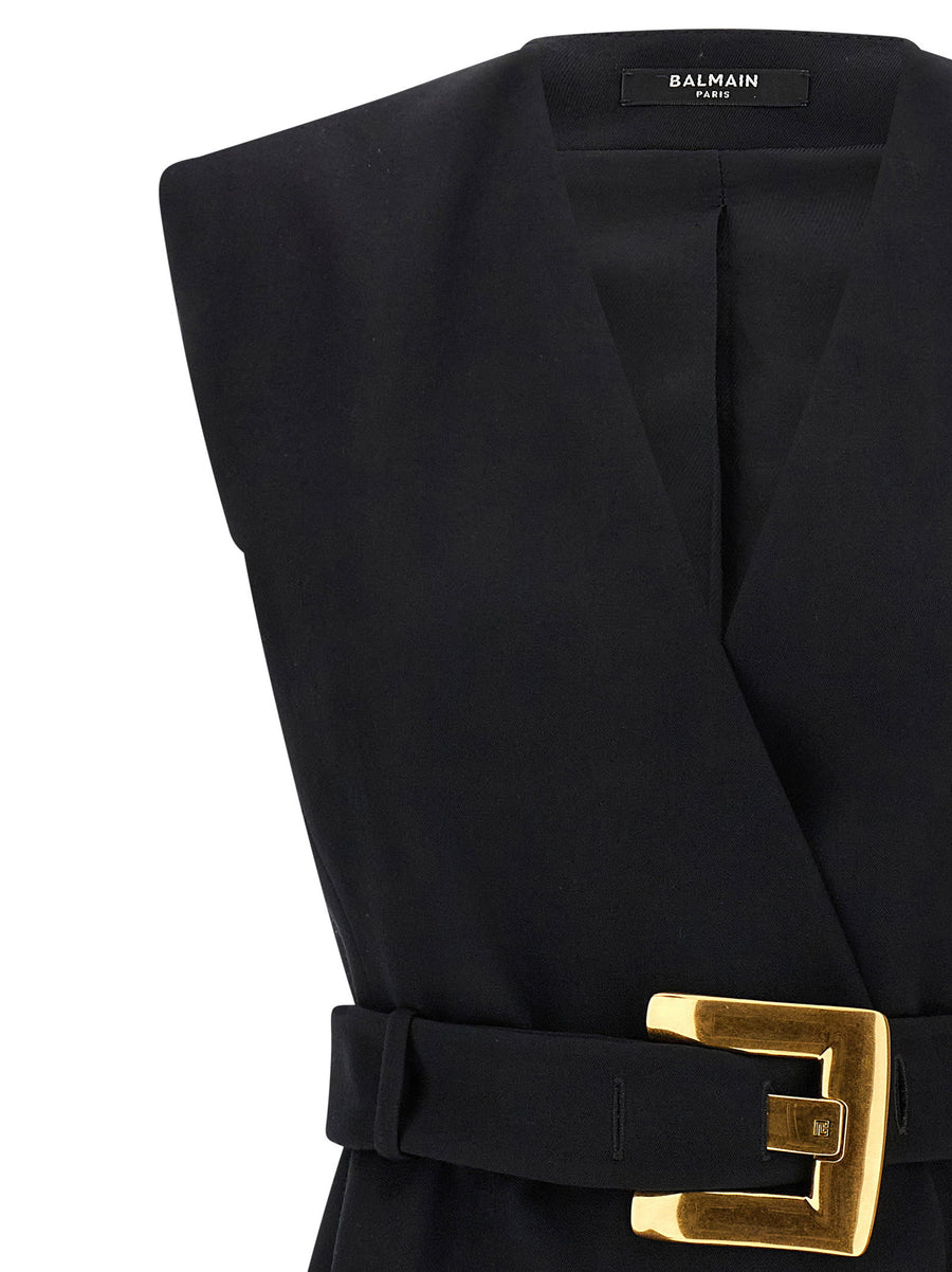 Balmain Wrap Dress For Women Luxe 100 Percent Virgin Wool With V Neck And Removable Anthem Buckle Belt