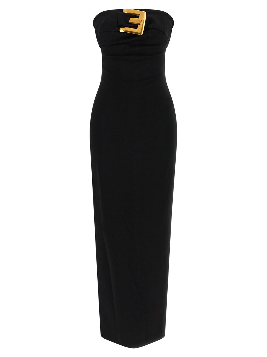 Balmain Belt Dress Black Maxi Gown With Corset Shaping And Gold Buckle For Elegant Evenings