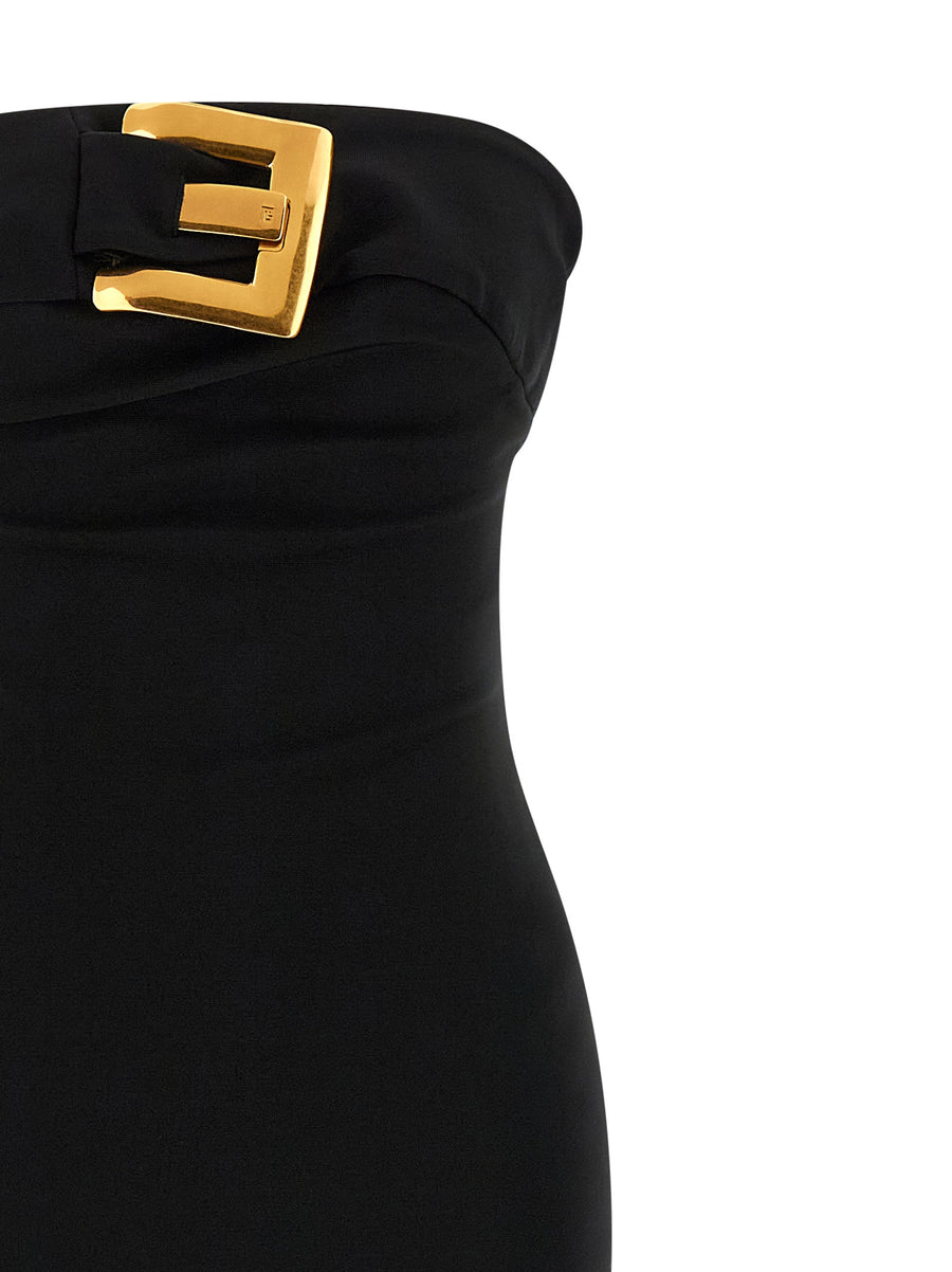 Balmain Belt Dress Black Maxi Gown With Corset Shaping And Gold Buckle For Elegant Evenings