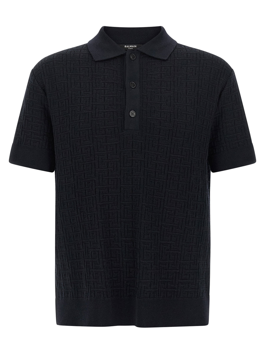 Balmain Monogram Knit Polo Shirt For Men Refined Blue Wool Blend With Tonal Monogram Detail Luxury Smart Casual