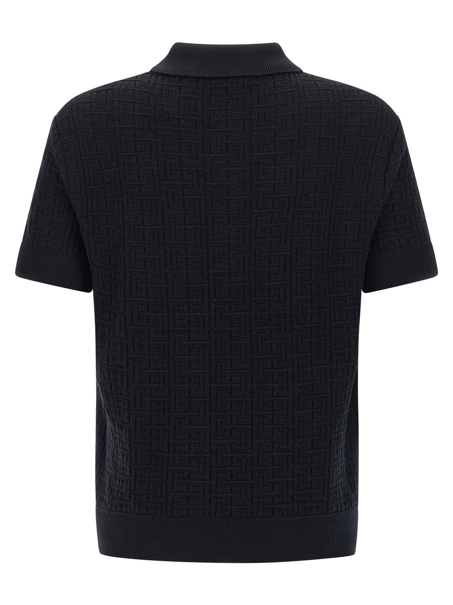 Balmain Monogram Knit Polo Shirt For Men Refined Blue Wool Blend With Tonal Monogram Detail Luxury Smart Casual