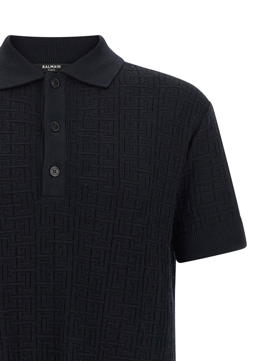Balmain Monogram Knit Polo Shirt For Men Refined Blue Wool Blend With Tonal Monogram Detail Luxury Smart Casual